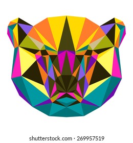  Abstract polygonal triangle bear portrait. Graphic low poly white bear head painted in imaginary colors for card, book, album. Nature, animal, wildlife theme. 