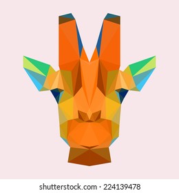 Abstract polygonal triangle giraffe portrait. Vector graphic painted in imaginary orange colors giraffe icon for use in design card, banner, book, scrapbook, album etc. Nature, animal theme. 