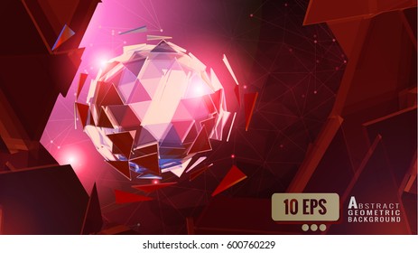 Esfera triangular polígonal abstracta brillando sobre elemento fragmentado con plantilla gráfica de fondo de espacio rojo