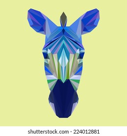 Abstract polygonal triangle zebra portrait. Vector graphic painted in imaginary blue colors zebra head icon for use in design card, banner, book, scrapbook, album etc. Nature, animal, wildlife theme. 