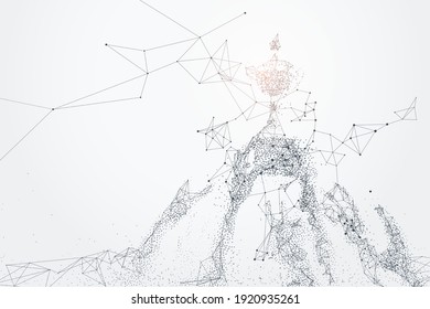 Abstract Polygonal of Trophy with Hands, Connecting Dots and Lines. EPS 10 Vector.