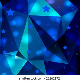 Abstract polygonal vector background. Festive template in blue colors with stars. Holiday design element. Festive card, poster, banner, brochure. Futuristic cosmic motifs.