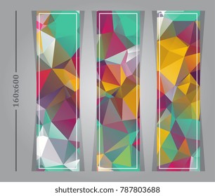 Abstract polygonal vector banners. Banners consisted of hexagon and rectangle elements. Multi-color geometric low poly style. Polygonal template design for your artwork.