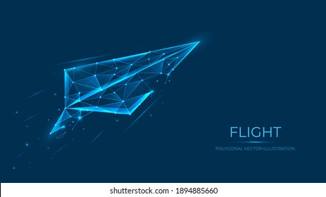 Abstract polygonal vector illustration of paper airplane flight made of lines and dots isolated on blue background.