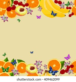 Abstract polygonal vector pattern, seamless texture with low fruit, summer picture with banana, peach, orange, cherry, colorful illustration for wall paper, cover and interior design summer background