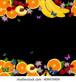 Abstract polygonal vector seamless pattern, background with fruit, low summer picture with banana, peach, orange, cherry, butterfly and flower, perfect image for wall paper, cover and interior design