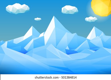 Abstract polygonal winter landscape with mountains, hills, clouds and sun. Modern geometric vector illustration.