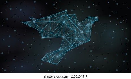 Abstract  Polygonal wireframe Low poly mesh origami paper bird  ,consisting of points lines, shapes,dots, stars.On blue night sky dark background,