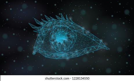 Abstract  Polygonal wireframe Low poly mesh eye, eyelashes, pupil  ,consisting of points lines, shapes,dots, stars.On blue night sky dark background,