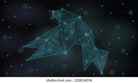 Abstract  Polygonal wireframe Low poly mesh origami paper bird  ,consisting of points lines, shapes,dots, stars.On blue night sky dark background,
