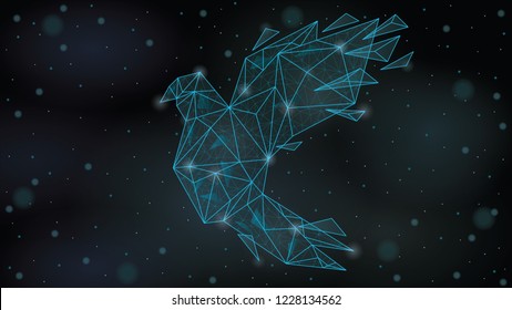 Abstract  Polygonal wireframe Low poly mesh origami paper bird  ,consisting of points lines, shapes,dots, stars.On blue night sky dark background,