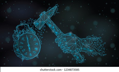 Abstract  Polygonal wireframe Low poly mesh alarm clock hand hammer ,consisting of points lines, shapes,dots, stars.On blue night sky dark background,