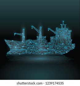 Abstract Polygonal wireframe Low poly mesh cargo container ship transport ,consisting of points lines, shapes,dots, stars.On blue night sky dark background