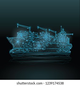 Abstract Polygonal wireframe Low poly mesh cargo container ship transport ,consisting of points lines, shapes,dots, stars.On blue night sky dark background