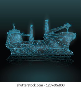 Abstract Polygonal wireframe Low poly mesh cargo container ship transport ,consisting of points lines, shapes,dots, stars.On blue night sky dark background