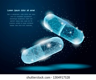 Abstract polygonal wireframe of two capsule pills on blue background.Pills -pharmacy,medical,health,vitamin,treatment concept 