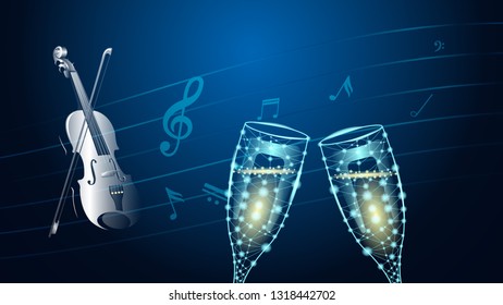 Abstract polygonal wireframe two glasses of wine and realistic violin with bow on the background of musical notes. Triangulation vector Illustration