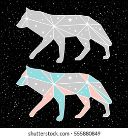 Abstract polygonal wolf isolated on black background. Side view. Cartoon wolf set painted in imaginary colors for use in design for card, invitation, poster, placard, banner, t-shirt