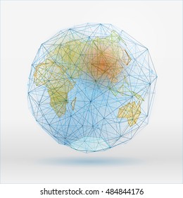 Abstract polygonal world map with dots connecting lines, network connections. Digital globe concept. Beautiful vector illustration in blue, green and terracotta colours on a light background.