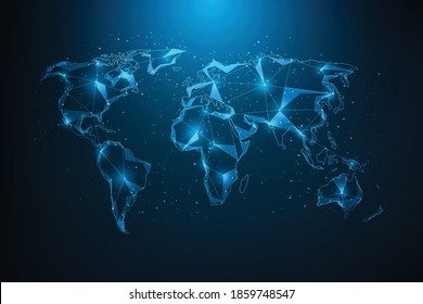 Abstract polygonal world map with glowing dots on dark background. Worldwide connection business. Wire Frame mesh network line. vector illustration in flat style modern design.