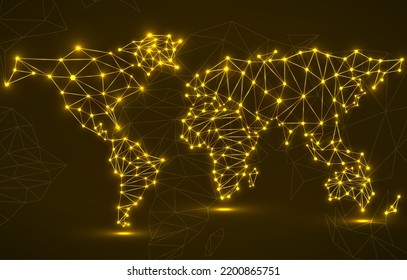 Abstrakte polygonale Weltkarte mit leuchtenden Punkten und Linien, Netzwerkverbindungen. Vektorgrafik