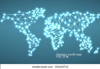 Abstract polygonal world map with glowing dots and lines, network connections. Vector illustration. Eps 10