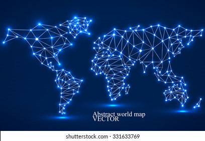 Abstract polygonal world map with glowing dots and lines, network connections. Vector illustration. Eps 10