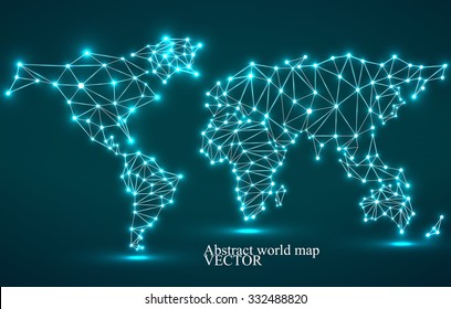Abstract polygonal world map with glowing dots and lines, network connections. Vector illustration. Eps 10