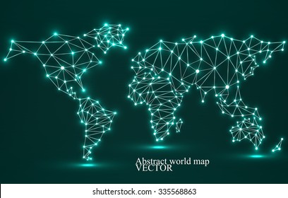 Abstract polygonal world map with glowing dots and lines, network connections. Vector illustration. Eps 10