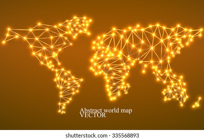 Abstract polygonal world map with glowing dots and lines, network connections. Vector illustration. Eps 10