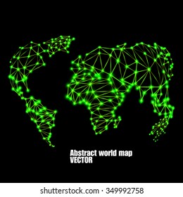 Abstract polygonal world map with glowing dots and lines, network connections. Vector illustration. Eps 10