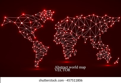 Abstract polygonal world map with glowing dots and lines, network connections. Vector illustration. Eps 10