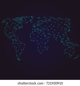 Abstract polygonal world map with glowing dots and lines, Social communications background