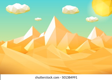 Abstract polygonal yellow desert or cliff landscape with mountains, hills, clouds and sun. Modern geometric vector illustration.