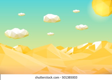 Abstract polygonal yellow desert or cliff landscape with mountains, hills, clouds and sun. Modern geometric vector illustration.