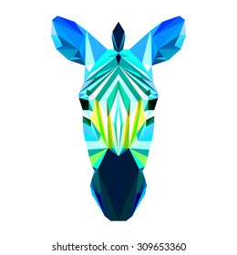 Abstract polygonal zebra head. Geometric triangle isolated low poly zebra portrait painted in imaginary colors for card, banner, book, placard. Nature, wildlife, animal theme. Zebra icon.