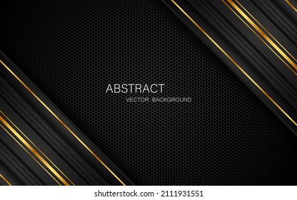 Abstract polyhedron with golden and black lines on dark steel mesh background. Modern technology innovation concept background. vector illustration
