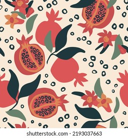 Abstract pomegranate drawing seamless pattern. Fresh organic fruits and blooming flowers on seeds background. Vector illustration for kitchen wallpaper, health care products, fabric, textile design