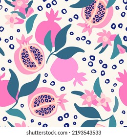 Resumen del dibujo granado sin fisuras. Frutas orgánicas frescas y flores florecientes sobre el fondo de las semillas. Ilustración vectorial para papel tapiz de cocina, productos sanitarios, tela, diseño textil