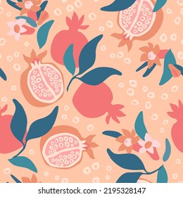 Motif abstrait harmonieux de grenade. Fruits organiques frais et fleurs en fleurs sur fond de graines. Illustration vectorielle pour fond d'écran de la cuisine, produits de santé, tissu, création textile