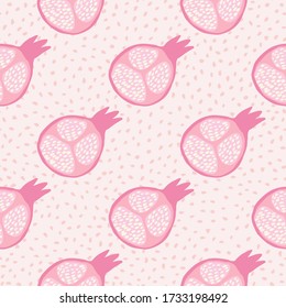 Abstract pomegranate fruit seamless pattern. Geometric pink pomegranates wallpaper in doodle style on dots background. Design for fabric, textile print, wrapping paper, cover. Vector illustration