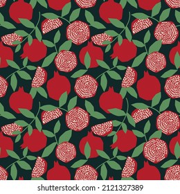 Abstract pomegranate fruit seamless repeat pattern background print in a simple Scandinavian style. Exotic fruit vector design.