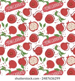 Abstract pomegranate pattern in flat style. Fresh, delicious fruit seamless pattern. Vector background. Summer freshness for health. For background, juice, ice cream or rosh hashanah.