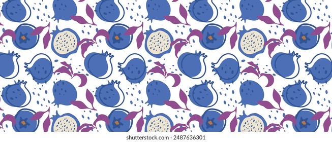 Abstract pomegranate pattern in flat style. Fresh, delicious fruit seamless pattern. Vector background. Summer freshness for health. For background, juice, ice cream or rosh hashanah.