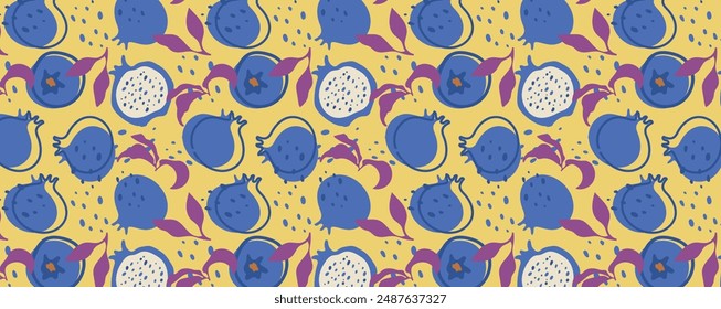 Abstract pomegranate pattern in flat style. Fresh, delicious fruit seamless pattern. Vector background. Summer freshness for health. For background, juice, ice cream or rosh hashanah.