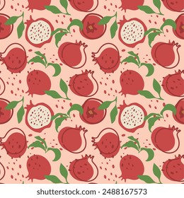 Abstract pomegranate pattern in flat style. Fresh, delicious fruit seamless pattern. Vector background. Summer freshness for health. For background, juice, ice cream or rosh hashanah.