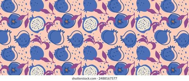 Abstract pomegranate pattern in flat style. Fresh, delicious fruit seamless pattern. Vector background. Summer freshness for health. For background, juice, ice cream or rosh hashanah.