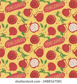 Abstract pomegranate pattern in flat style. Fresh, delicious fruit seamless pattern. Vector background. Summer freshness for health. For background, juice, ice cream or rosh hashanah.