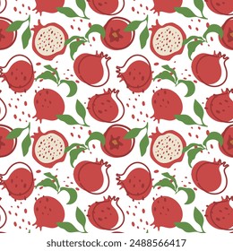 Abstract pomegranate pattern in flat style. Fresh, delicious fruit seamless pattern. Vector background. Summer freshness for health. For background, juice, ice cream or rosh hashanah.