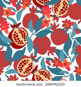 Abstract pomegranate seamless pattern. Fresh organic fruits, blooming flowers on branch background. Vector illustration for kitchen wallpaper, health care products, fabric, textile design